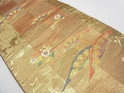 平和屋着物■六通柄袋帯 片輪車花文 金糸 逸品 tw3902