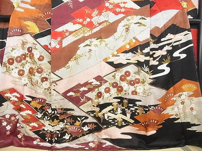 平和屋本店■極上 皇室献上作家　藤井寛 振袖 駒刺繍 風絵抄 金彩 反端付き 着丈169cm 裄丈70cm 正絹 逸品 未使用 3kk3420