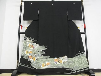平和屋本店●極上　人間国宝・羽田登喜男　黒留袖　鴛鴦　九羽　金彩　着丈165.5cm　裄丈66cm　正絹　逸品　3kk3945
