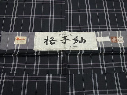 平和屋本店■極上 道行コート ロング丈 伝統工芸品 格子紬 単衣 黒地 高島屋扱い 反端付き 逸品3s5326