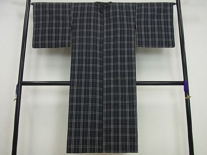 平和屋本店■極上 道行コート ロング丈 伝統工芸品 格子紬 単衣 黒地 高島屋扱い 反端付き 逸品3s5326