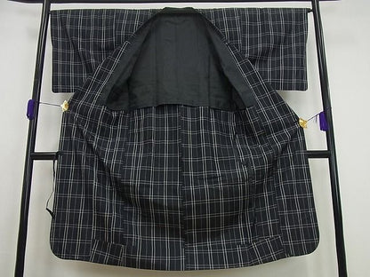 平和屋本店■極上 道行コート ロング丈 伝統工芸品 格子紬 単衣 黒地 高島屋扱い 反端付き 逸品3s5326