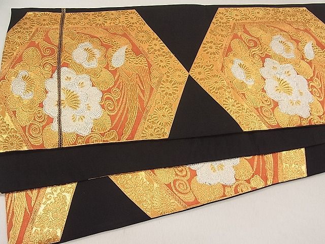平和屋着物■六通柄袋帯 唐織 亀甲尾長鳥花文 黒地 金銀糸 逸品 kb2513
