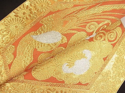 平和屋着物■六通柄袋帯 唐織 亀甲尾長鳥花文 黒地 金銀糸 逸品 kb2513