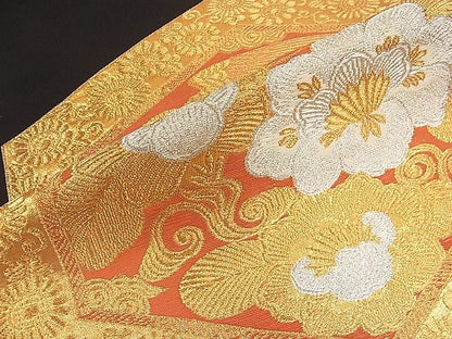 平和屋着物■六通柄袋帯 唐織 亀甲尾長鳥花文 黒地 金銀糸 逸品 kb2513