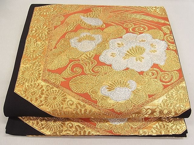 平和屋着物■六通柄袋帯 唐織 亀甲尾長鳥花文 黒地 金銀糸 逸品 kb2513