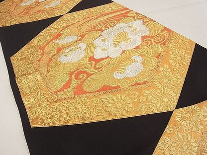 平和屋着物■六通柄袋帯 唐織 亀甲尾長鳥花文 黒地 金銀糸 逸品 kb2513