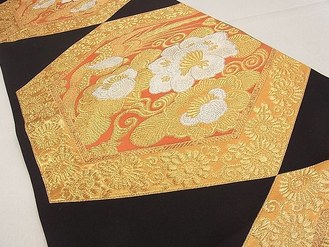 平和屋着物■六通柄袋帯 唐織 亀甲尾長鳥花文 黒地 金銀糸 逸品 kb2513
