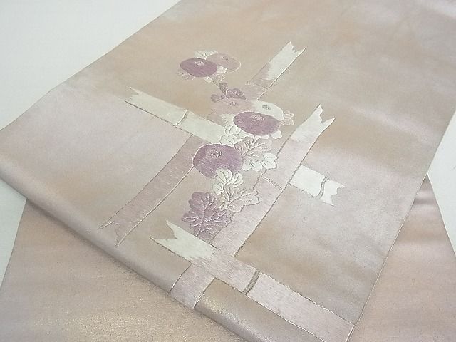 平和屋着物■六通太鼓柄袋帯 総刺繡 枝菊 銀糸 逸品 ea0979