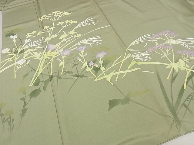 平和屋本店■極上　本加賀友禅作家　由水煌人　訪問着　草花文　さが美扱い　利休茶　着丈169.5cm　裄丈68cm　正絹　4kk4142