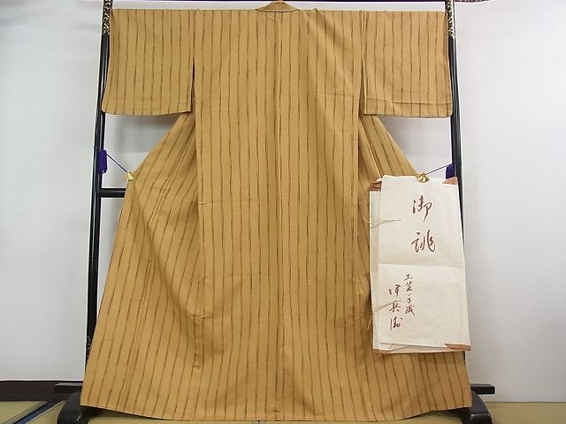 平和屋本店■極上　伊兵衛織　工芸手織　単衣　縞　たとう紙付き　逸品　未使用　3kh1796