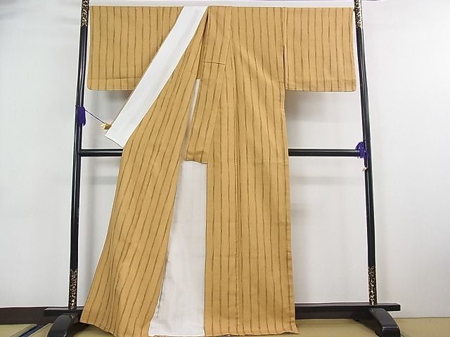 平和屋本店■極上　伊兵衛織　工芸手織　単衣　縞　たとう紙付き　逸品　未使用　3kh1796