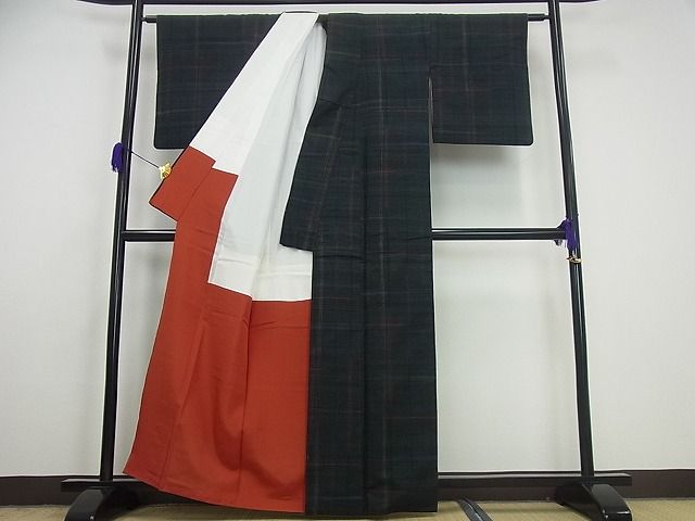 平和屋本店●極上 郡上紬 草木染 格子柄 証紙付き 逸品3s5392