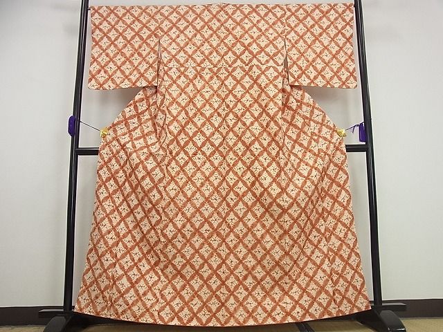 平和屋本店●極上　岩手の匠　草紫堂　南部絞り　茜染　紬　七宝文　逸品3s5409