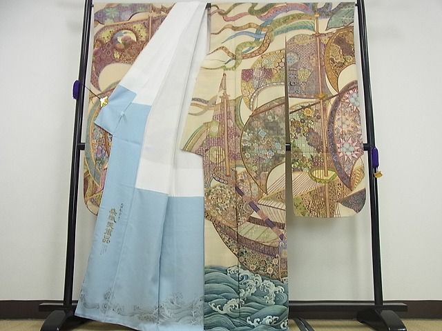 平和屋本店●極上 初代 染人・山岡古都 首里琉染 振袖 天神船宝尽し 鬼しぼ縮緬 逸品3s5415