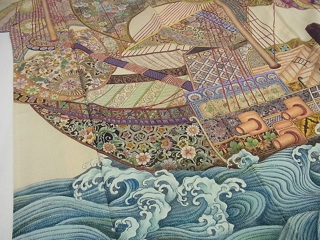 平和屋本店●極上 初代 染人・山岡古都 首里琉染 振袖 天神船宝尽し 鬼しぼ縮緬 逸品3s5415
