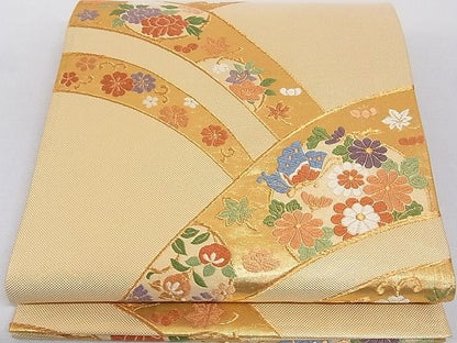 平和屋着物■本佐賀唐織 六通柄袋帯 山取花丸文 金糸 正絹 逸品 A-gk494
