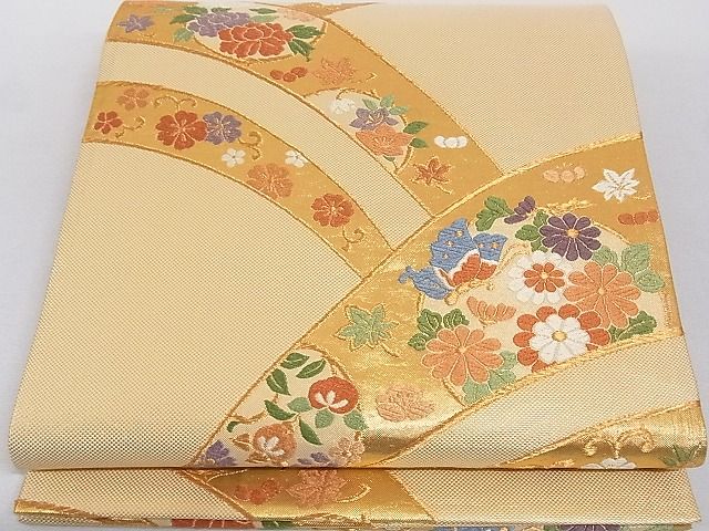 平和屋着物■本佐賀唐織 六通柄袋帯 山取花丸文 金糸 正絹 逸品 A-gk494