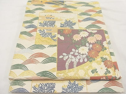 平和屋着物■六通柄袋帯 唐織 色紙飛鶴若松葉菊花文 金銀糸 逸品 n-hv3143