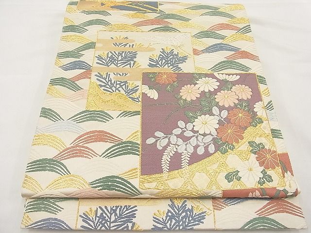 平和屋着物■六通柄袋帯 唐織 色紙飛鶴若松葉菊花文 金銀糸 逸品 n-hv3143