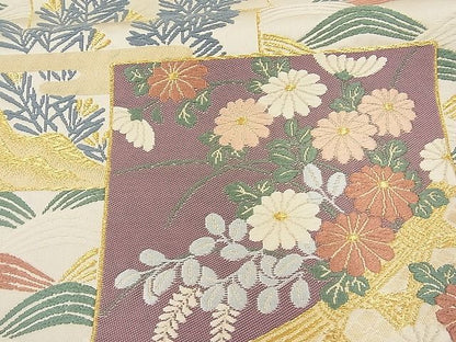 平和屋着物■六通柄袋帯 唐織 色紙飛鶴若松葉菊花文 金銀糸 逸品 n-hv3143