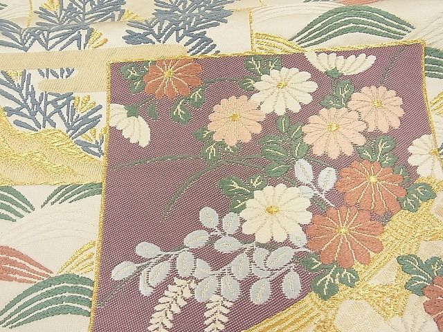 平和屋着物■六通柄袋帯 唐織 色紙飛鶴若松葉菊花文 金銀糸 逸品 n-hv3143