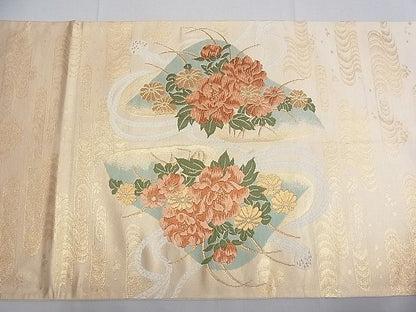平和屋着物■六通太鼓柄袋帯　唐織　流水花文　金糸　逸品　ya0475