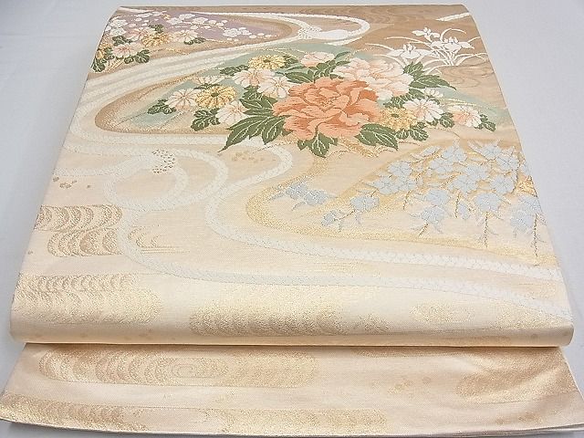 平和屋着物■六通太鼓柄袋帯　唐織　流水花文　金糸　逸品　ya0475