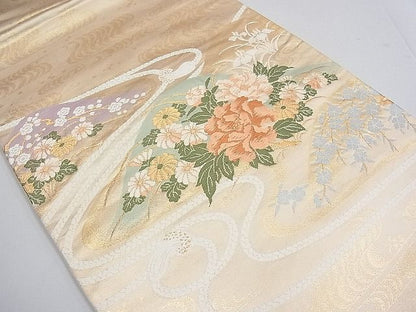 平和屋着物■六通太鼓柄袋帯　唐織　流水花文　金糸　逸品　ya0475