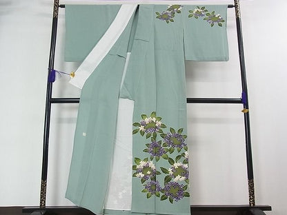 平和屋本店■超希少　東京友禅　久呂田明功　訪問着　単衣　紫陽花　千草色地　金彩　鬼しぼ縮緬　逸品　3kh1852