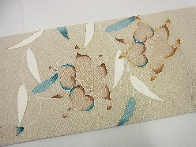 平和屋本店●超希少　九寸名古屋帯　品川恭子　草花文　金彩　鬼しぼ縮緬　逸品3s5506