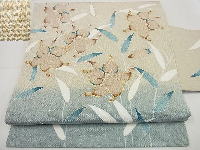 平和屋本店●超希少　九寸名古屋帯　品川恭子　草花文　金彩　鬼しぼ縮緬　逸品3s5506