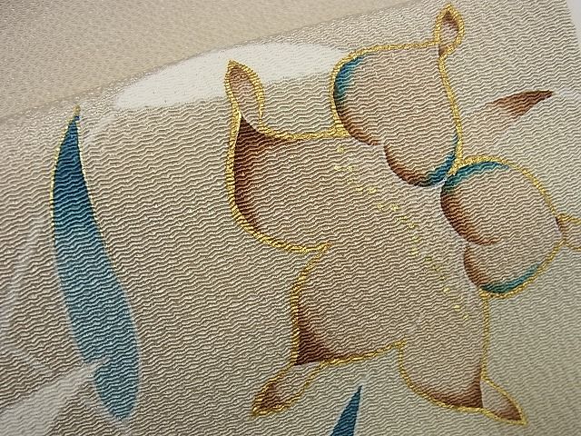 平和屋本店●超希少　九寸名古屋帯　品川恭子　草花文　金彩　鬼しぼ縮緬　逸品3s5506