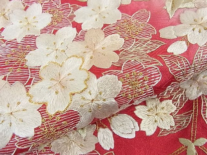 平和屋本店●希少　お引きずり　引振袖・長襦袢(袷)セット　総手刺繍　枝垂れ桜　暈し染め　金糸　逸品　3kh1919