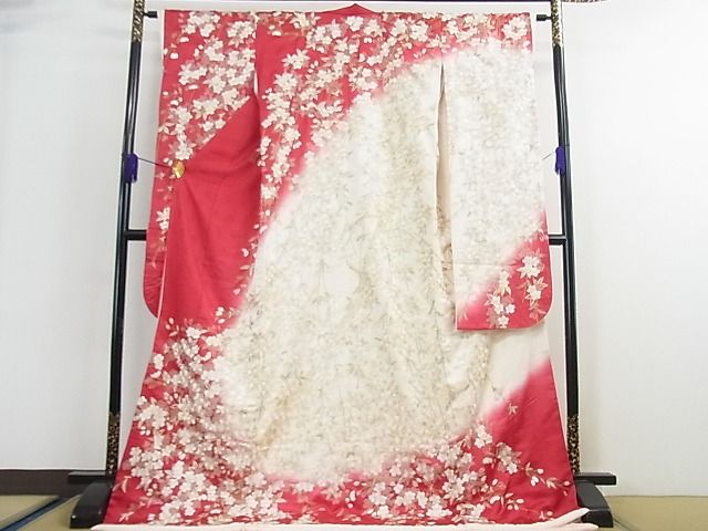 平和屋本店●希少　お引きずり　引振袖・長襦袢(袷)セット　総手刺繍　枝垂れ桜　暈し染め　金糸　逸品　3kh1919