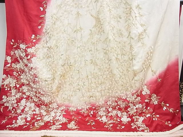 平和屋本店●希少　お引きずり　引振袖・長襦袢(袷)セット　総手刺繍　枝垂れ桜　暈し染め　金糸　逸品　3kh1919