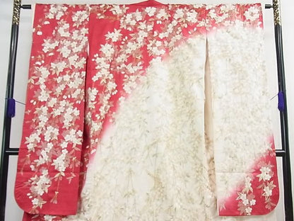 平和屋本店●希少　お引きずり　引振袖・長襦袢(袷)セット　総手刺繍　枝垂れ桜　暈し染め　金糸　逸品　3kh1919