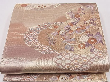 平和屋着物■六通柄袋帯 唐織 雲重ね鴛鴦草花吉祥文 金糸 逸品 ng3619