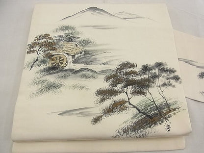 平和屋着物■塩瀬 九寸名古屋帯 手描き 御所時風景文 金彩 逸品 n-ea0940