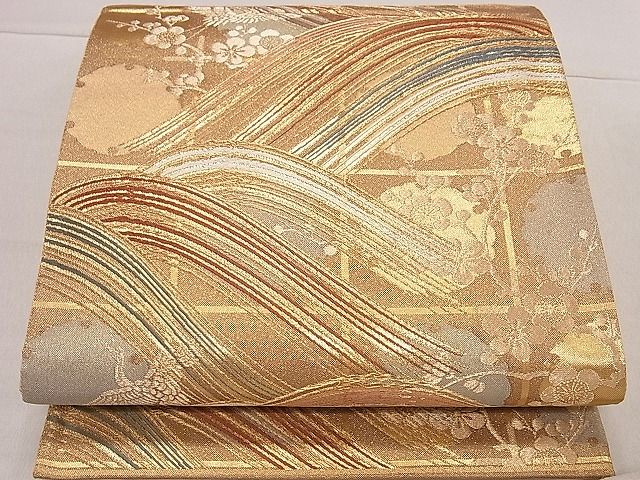 平和屋着物■六通柄袋帯 唐織 金彩つづれ 流水飛鶴枝梅文 金糸 逸品 ha7438