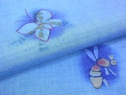 平和屋本店●希少　型絵染染色家　鈴木紀絵　紬　藍地花蝶散し　証紙付き　逸品　3kh1942