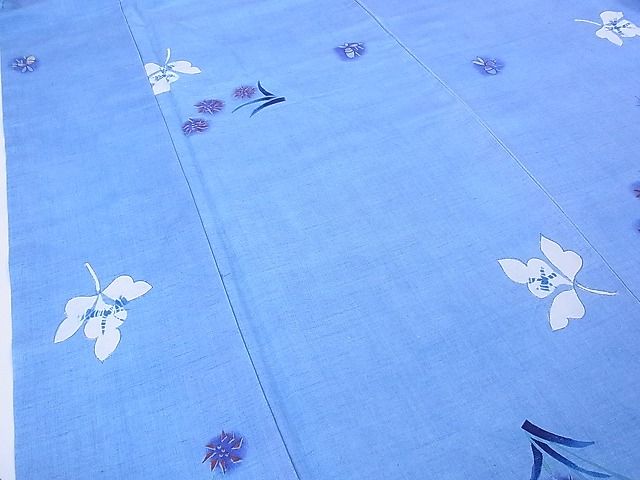 平和屋本店●希少　型絵染染色家　鈴木紀絵　紬　藍地花蝶散し　証紙付き　逸品　3kh1942