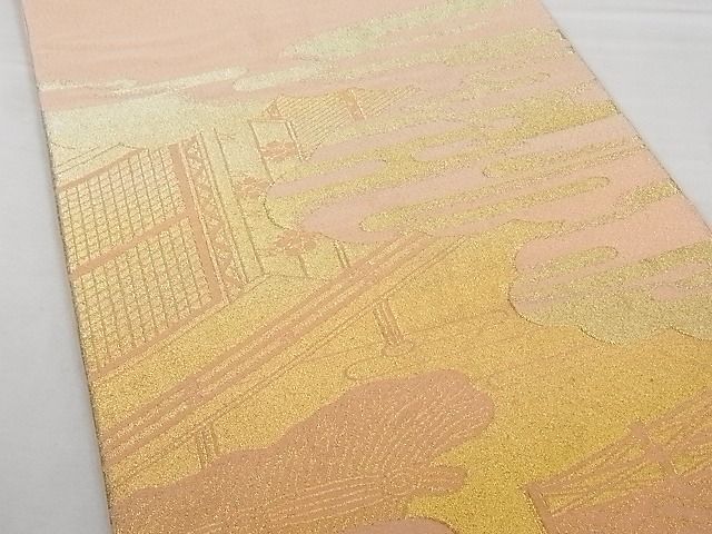 平和屋着物■綴れ 太鼓柄袋帯 エ霞風景文 金糸 正絹 逸品 A-gk967