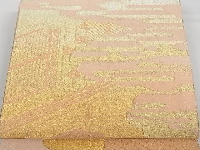平和屋着物■綴れ 太鼓柄袋帯 エ霞風景文 金糸 正絹 逸品 A-gk967