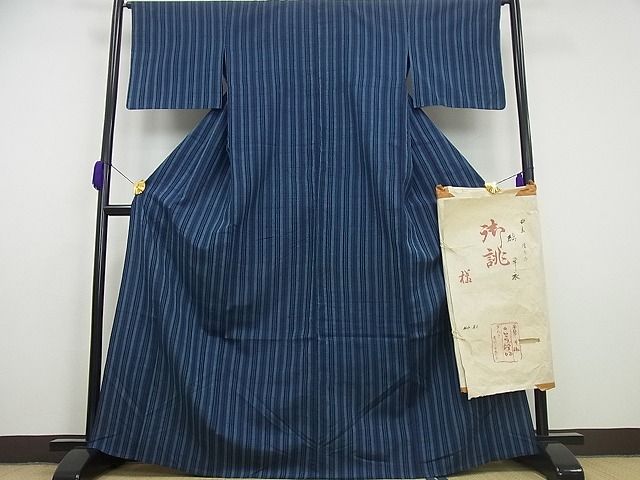 平和屋本店▽希少　銀座こうげい　 織物師・田島隆夫　紬　単衣　縞　たとう紙付き　逸品3s5652
