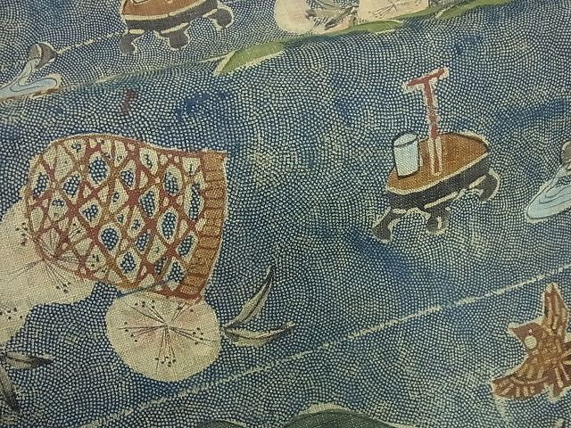 平和屋本店■極上　夏物　染織家　古澤万千子　銀座こうげい　九寸名古屋帯　鮫小紋地　鳥籠　ふくら雀　麻　たとう紙付3s5669