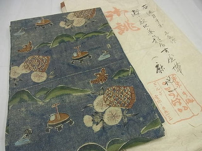 平和屋本店■極上　夏物　染織家　古澤万千子　銀座こうげい　九寸名古屋帯　鮫小紋地　鳥籠　ふくら雀　麻　たとう紙付3s5669