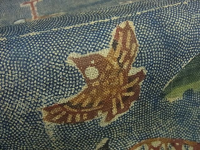 平和屋本店■極上　夏物　染織家　古澤万千子　銀座こうげい　九寸名古屋帯　鮫小紋地　鳥籠　ふくら雀　麻　たとう紙付3s5669