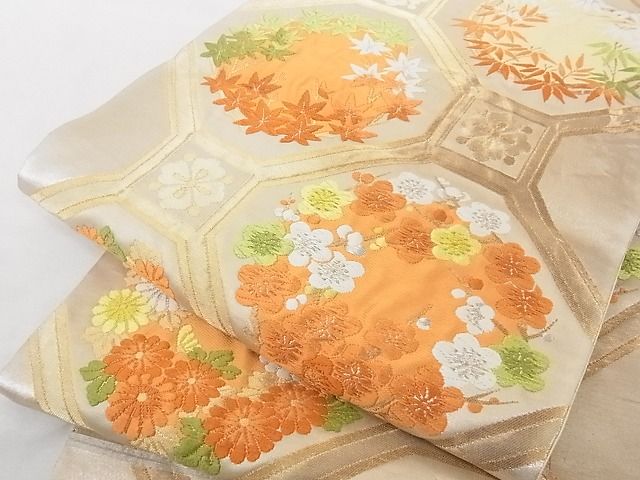 平和屋着物■六通柄袋帯　蜀江草花丸文　金銀糸　正絹　逸品　B-cy7387