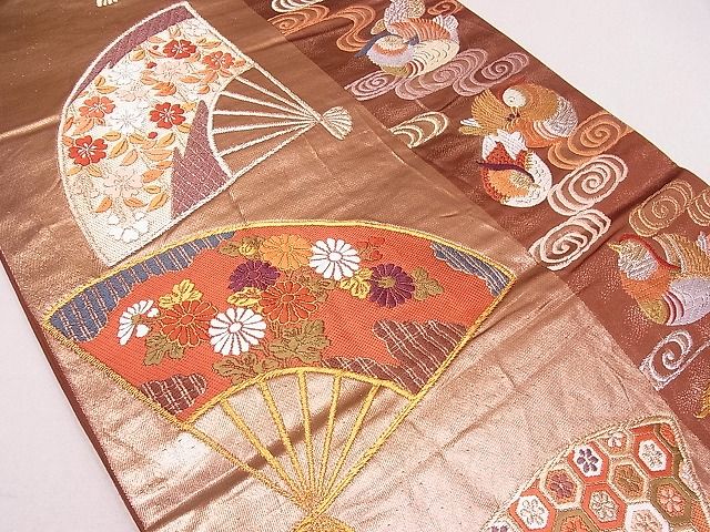 平和屋着物■六通柄袋帯 唐織 扇面鴛鴦花文 金銀糸 逸品 ya0775